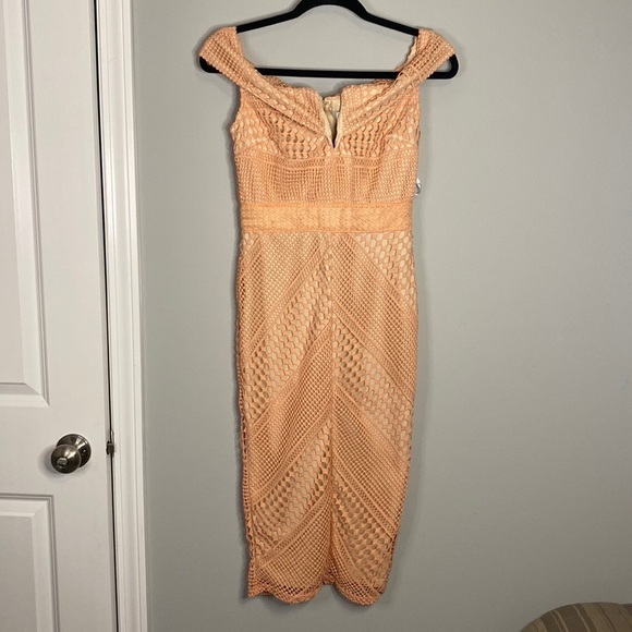 Missguided ASOS Bardot V Neck Bodycon Mini Peach Dress - Picture 2 of 10